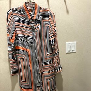 Trina Turk Orange & Navy Silk Geometric Shirtdress